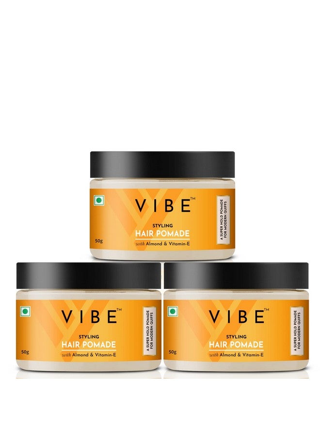Vibe Styling Hair Pomade With Almond & Vitamin E For Daily Use Wet Or Matte Look Flexible Hold Water Based A Super Hold Pomade For Modern Quiffs Pomade Wax For Men (50Gm, Pack Of 3) - Image 1
