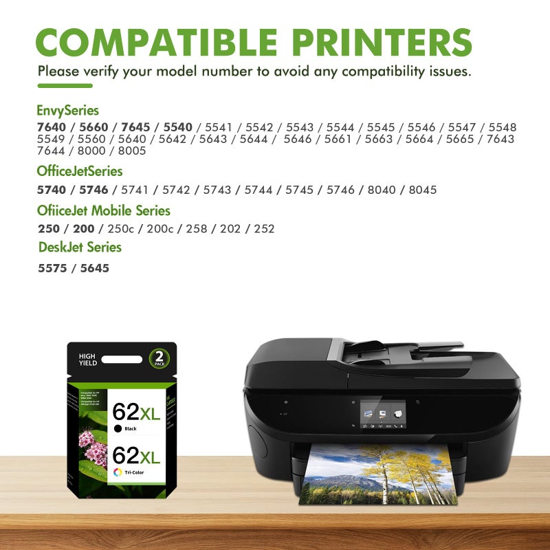 inkalfa 62XL 62 Ink Cartridges Black and Color Combo Pack Envy 7640 Replacement for HP62XL 62 XL Compatible for HP Envy 5660 5540 7645 OfficeJet 5740 5746 250 200 Printer (2-Pack,1 Black 1 Tri-Color) - Image 2