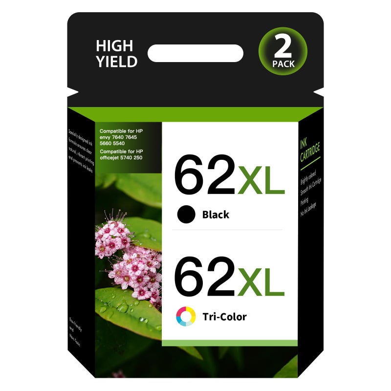 inkalfa 62XL 62 Ink Cartridges Black and Color Combo Pack Envy 7640 Replacement for HP62XL 62 XL Compatible for HP Envy 5660 5540 7645 OfficeJet 5740 5746 250 200 Printer (2-Pack,1 Black 1 Tri-Color) - Image 1