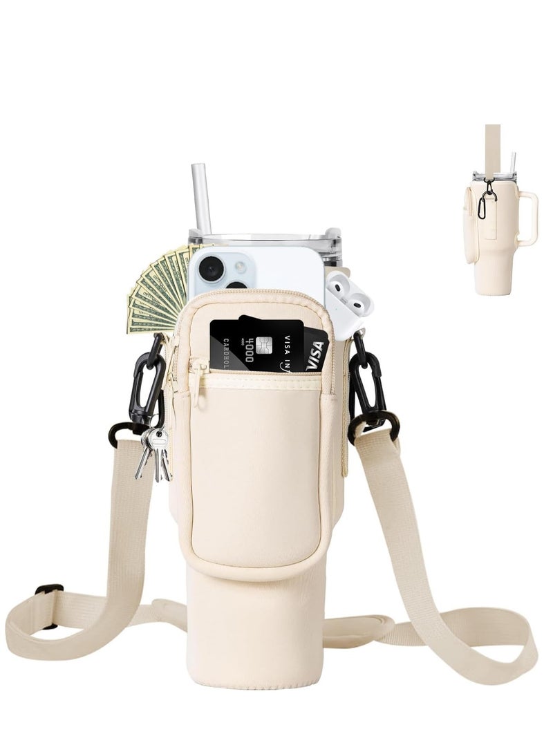 Water Bottle Carrier Bag for Stanley 40oz Tumbler Water Bottle Holder with Pouch and Adjustable Strap Sleeve Accessories with Pocket for 40oz Cup (Cream)  - Image 1