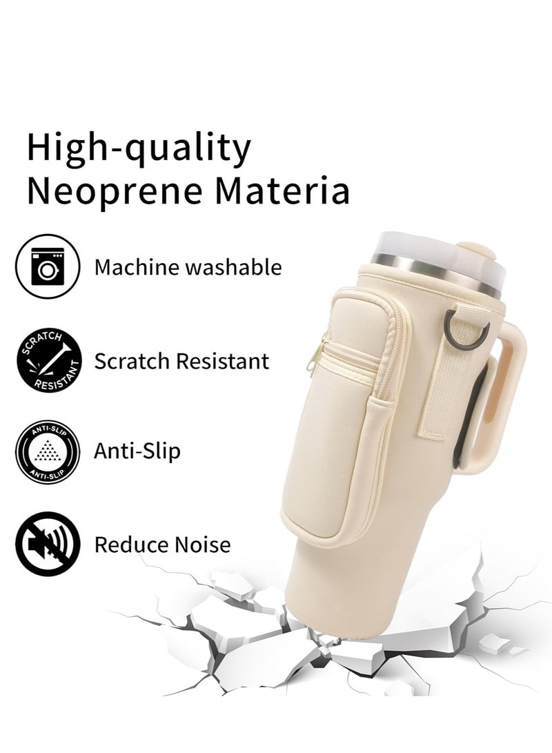 Water Bottle Carrier Bag for Stanley 40oz Tumbler Water Bottle Holder with Pouch and Adjustable Strap Sleeve Accessories with Pocket for 40oz Cup (Cream)  - Image 3