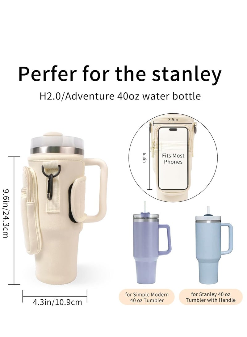 Water Bottle Carrier Bag for Stanley 40oz Tumbler Water Bottle Holder with Pouch and Adjustable Strap Sleeve Accessories with Pocket for 40oz Cup (Cream)  - Image 2