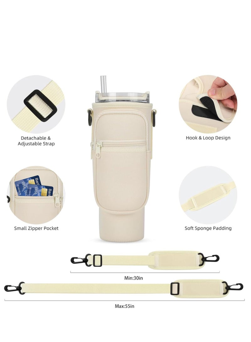 Water Bottle Carrier Bag for Stanley 40oz Tumbler Water Bottle Holder with Pouch and Adjustable Strap Sleeve Accessories with Pocket for 40oz Cup (Cream)  - Image 5