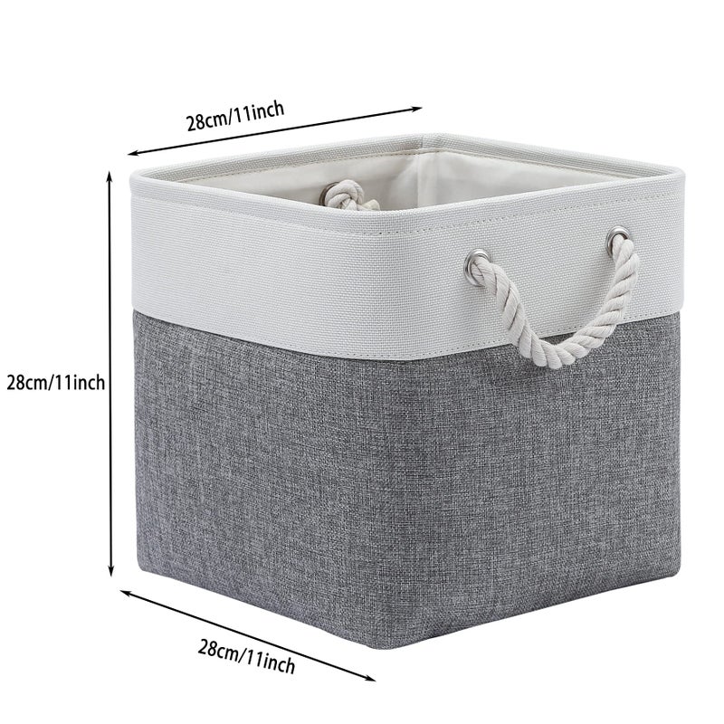 MidmmVick 11 x 11 Inch Cube Storage Bins, 6 Pack Large Collapsible Fabric Storage Bin with Ropes, Foldable Storage Cubes for Home, Office,Closet, Clothes, Toys Organizer (White & Grey-11"x11"x11") - Image 5