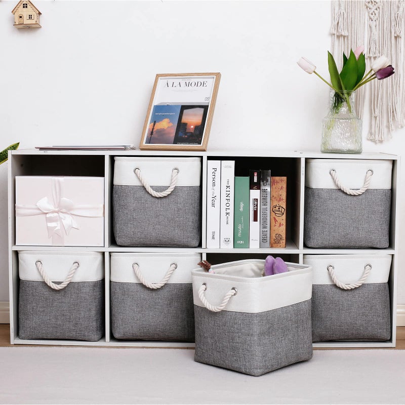 MidmmVick 11 x 11 Inch Cube Storage Bins, 6 Pack Large Collapsible Fabric Storage Bin with Ropes, Foldable Storage Cubes for Home, Office,Closet, Clothes, Toys Organizer (White & Grey-11"x11"x11") - Image 2