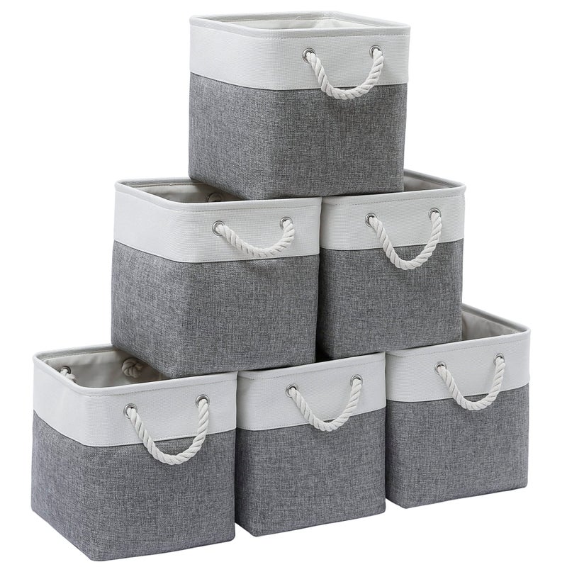 MidmmVick 11 x 11 Inch Cube Storage Bins, 6 Pack Large Collapsible Fabric Storage Bin with Ropes, Foldable Storage Cubes for Home, Office,Closet, Clothes, Toys Organizer (White & Grey-11"x11"x11") - Image 1