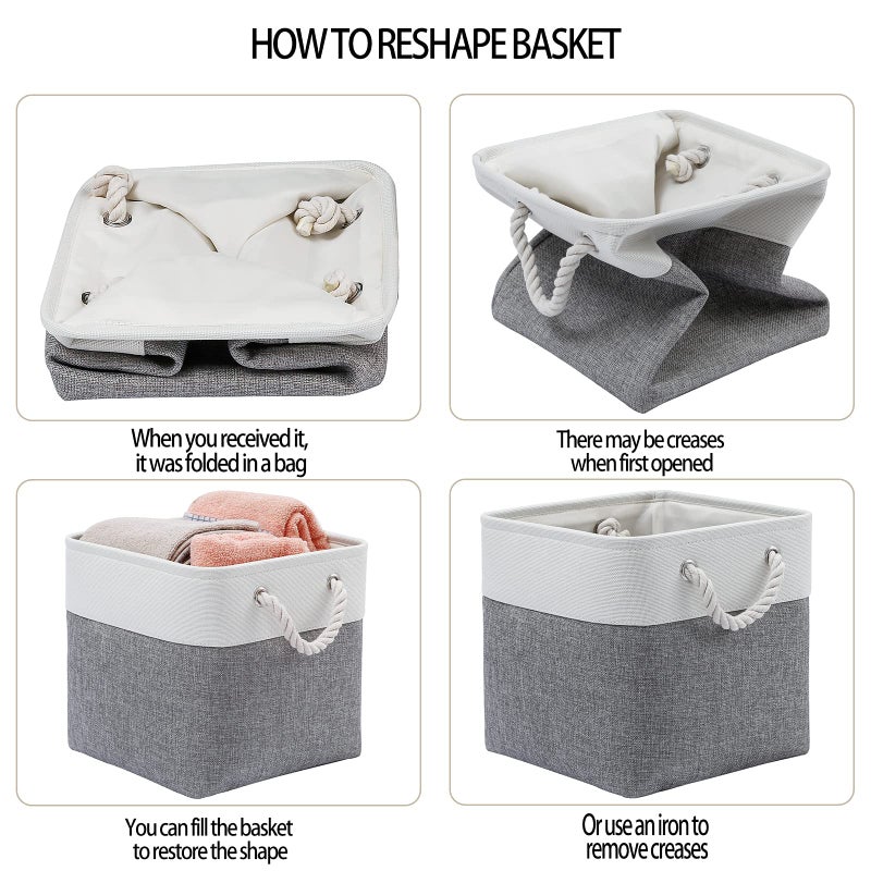 MidmmVick 11 x 11 Inch Cube Storage Bins, 6 Pack Large Collapsible Fabric Storage Bin with Ropes, Foldable Storage Cubes for Home, Office,Closet, Clothes, Toys Organizer (White & Grey-11"x11"x11") - Image 3