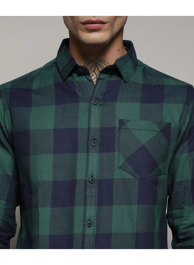 Campus Sutra Men's Navy Blue & Forest Green Buffalo Check Shirt