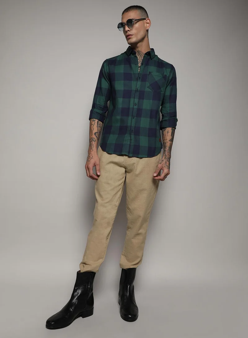 Campus Sutra Men's Navy Blue & Forest Green Buffalo Check Shirt
