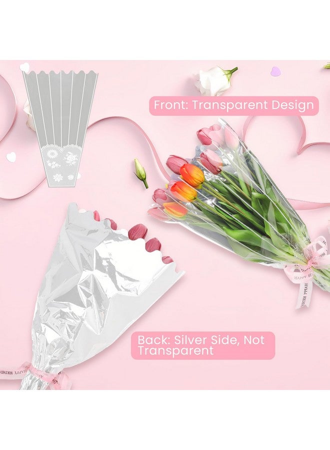 NUOMI 100 Pcs Flower Bouquet Bags Plastic Wrapping Bags With Lace Decor Disposable Cellophane Floral Bouquet Sleeve For Wedding, Mother'S Day, Birthday, Holiday, Valentine, 19 Inch - Image 4