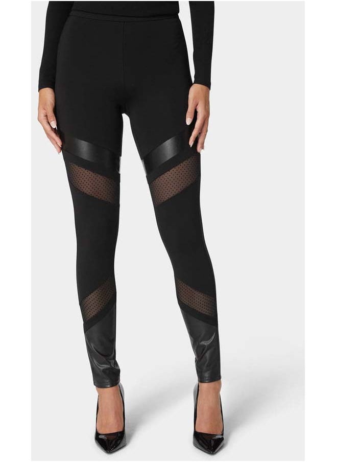 bebe - Natural Waist Swiss Dot & Vegan Leather Insert Pdr Legging - Image 1
