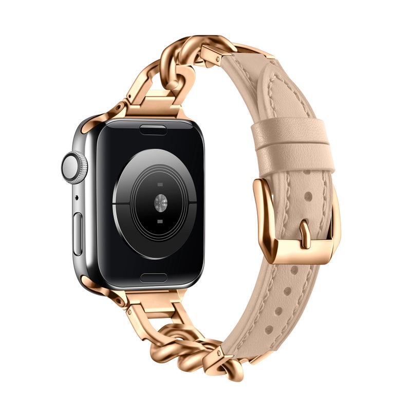 Bluejw New Arrival Rose Gold Stainless Steel Chain with Genuine Leather Band – Replacement Strap for Apple Watch Series 10 - Image 2