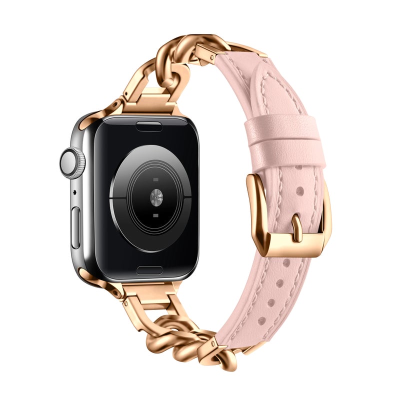 Bluejw New Arrival Rose Gold Stainless Steel Chain with Genuine Leather Band – Replacement Strap for Apple Watch Series 10 - Image 4