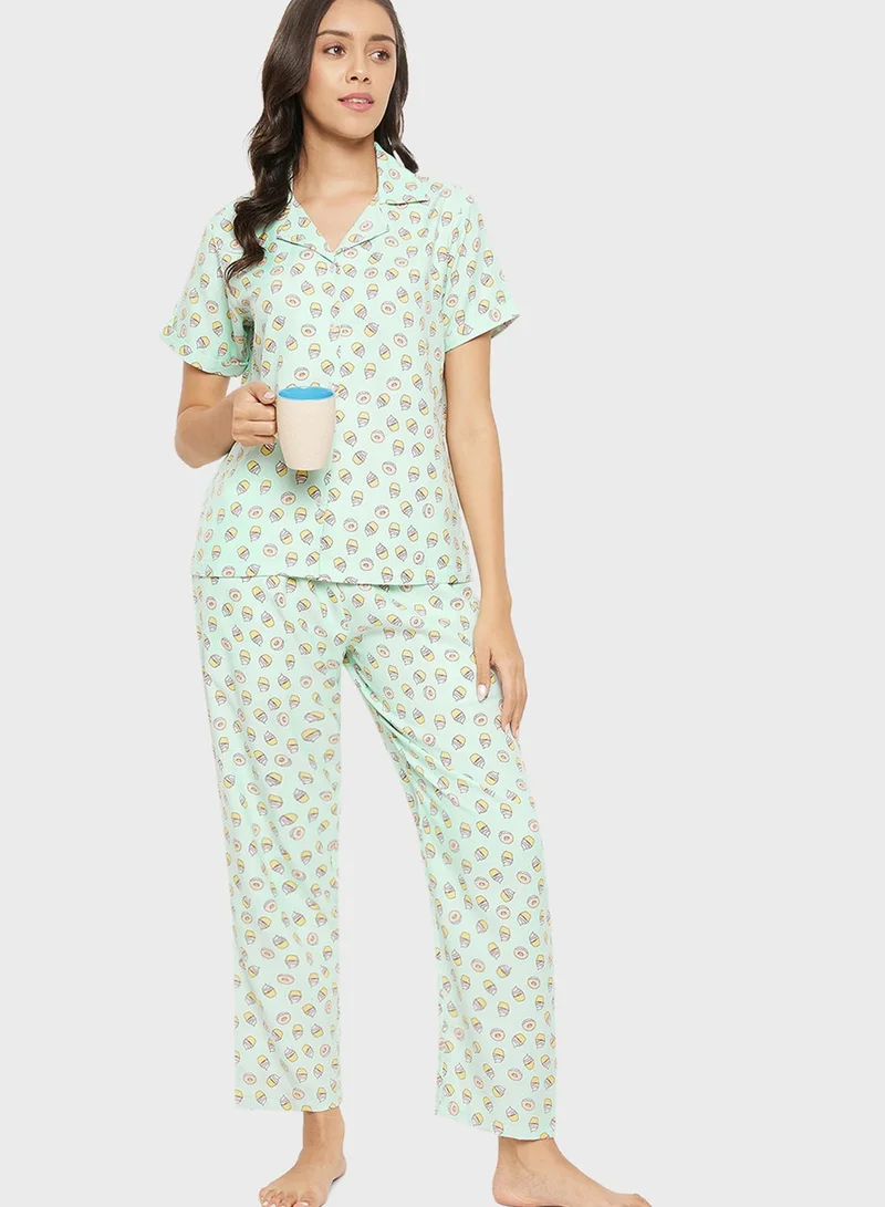 Clovia Printed Button Down Shirt & Pyjama Set