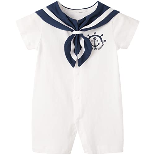 pureborn Baby Boys Romper Short Sleeve Nautical Romper One-Piece Beach Outfit 9-12 Months White Helm - Image 1