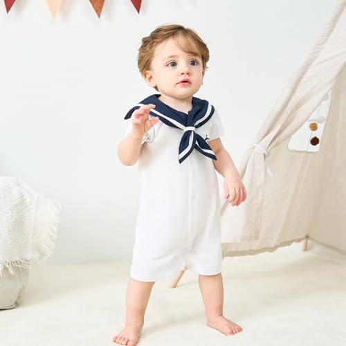 pureborn Baby Boys Romper Short Sleeve Nautical Romper One-Piece Beach Outfit 9-12 Months White Helm - Image 2