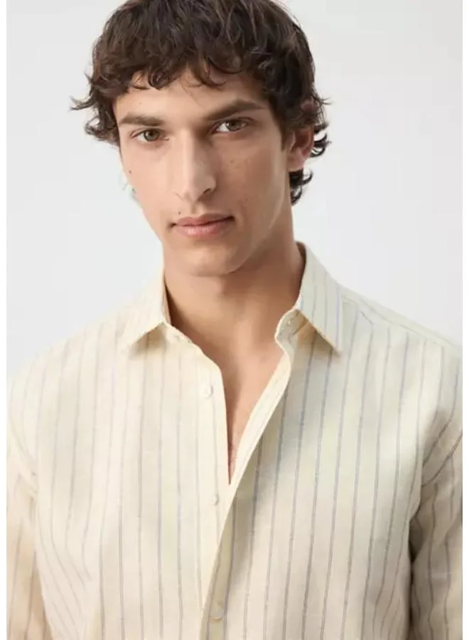 Mango Man 11-AMARILLO PASTEL Linen-Cotton Blend Stripe Shirt for Men | Best Price UAE