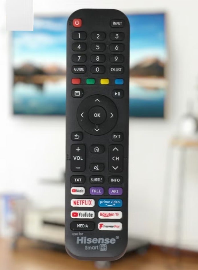هايسنس جهاز تحكم عن بُعد للتلفاز الذكي متوافق مع جميع تلفزيونات LED و LCD و Plasma، يتضمن أزرار مفاتيح لـ Netflix و Prime Video و YouTube و Rakuten TV و Freeview Play، تصميم عالمي - Image 3