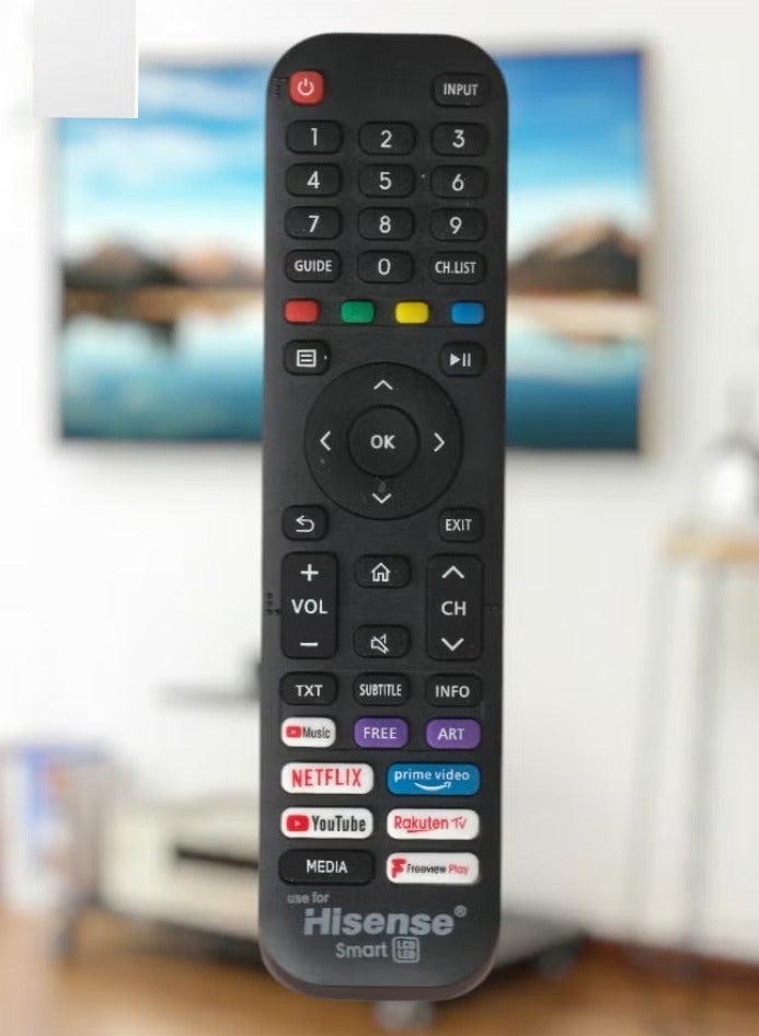 هايسنس جهاز تحكم عن بُعد للتلفاز الذكي متوافق مع جميع تلفزيونات LED و LCD و Plasma، يتضمن أزرار مفاتيح لـ Netflix و Prime Video و YouTube و Rakuten TV و Freeview Play، تصميم عالمي - Image 2