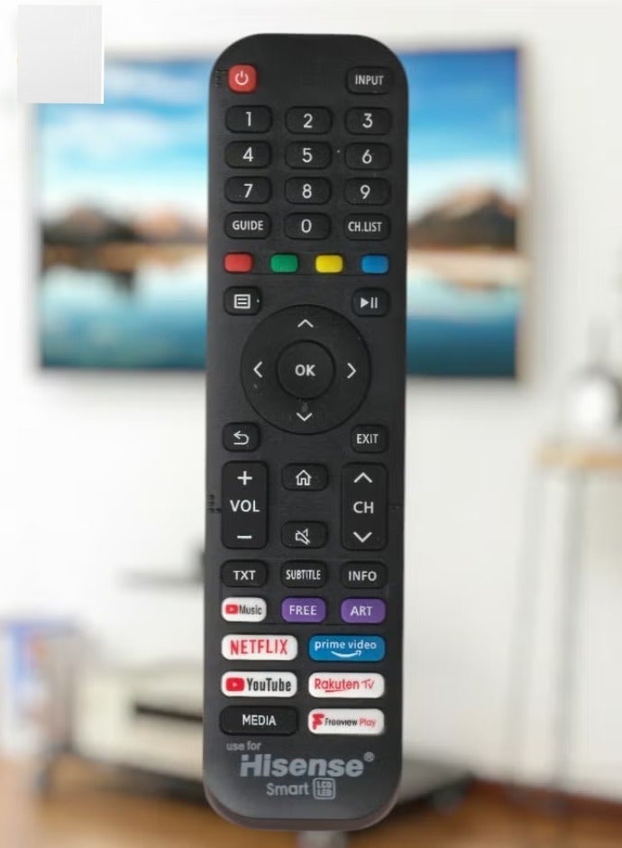 هايسنس جهاز تحكم عن بُعد للتلفاز الذكي متوافق مع جميع تلفزيونات LED و LCD و Plasma، يتضمن أزرار مفاتيح لـ Netflix و Prime Video و YouTube و Rakuten TV و Freeview Play، تصميم عالمي - Image 1