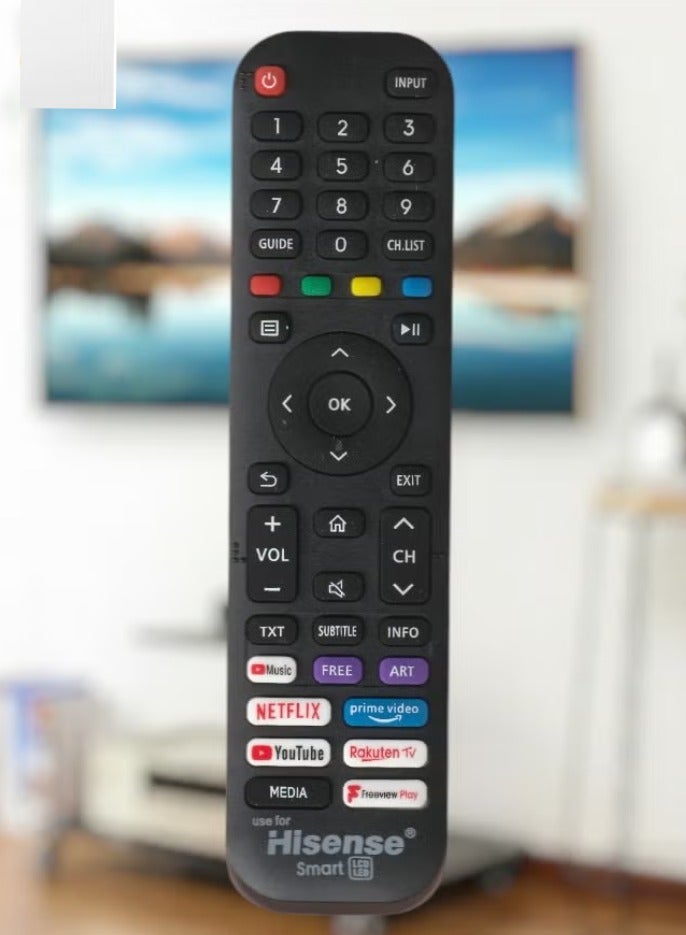 هايسنس جهاز تحكم عن بُعد للتلفاز الذكي متوافق مع جميع تلفزيونات LED و LCD و Plasma، يتضمن أزرار مفاتيح لـ Netflix و Prime Video و YouTube و Rakuten TV و Freeview Play، تصميم عالمي - Image 4