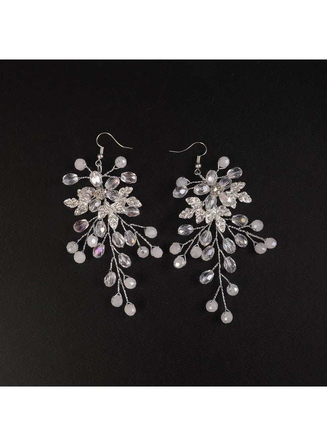 BERYUAN Crystal Flower Earings For Women Beads Wedding Earrings For Brides Bridal Bridesmaids Earrings Prom Earrings Accessories Esthetics (Silver) - Image 2