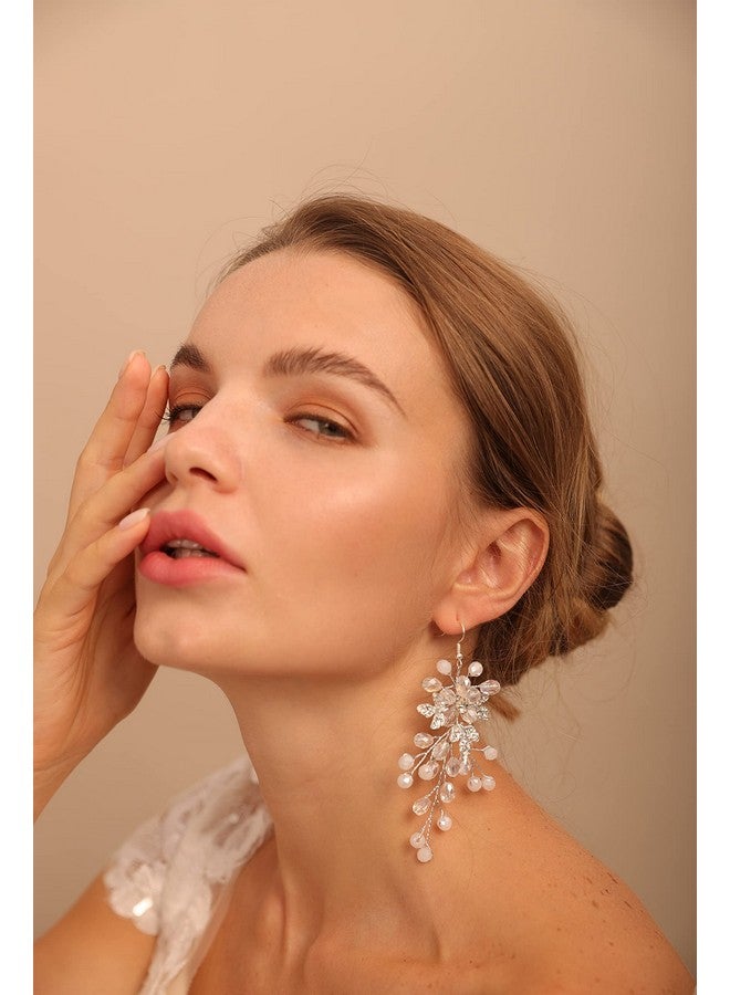 BERYUAN Crystal Flower Earings For Women Beads Wedding Earrings For Brides Bridal Bridesmaids Earrings Prom Earrings Accessories Esthetics (Silver) - Image 5