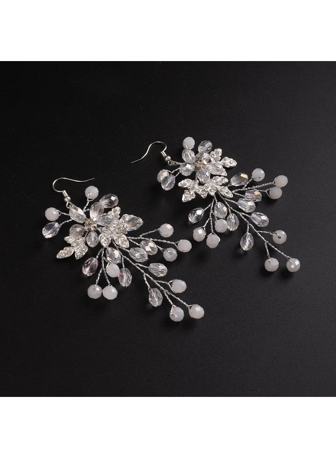BERYUAN Crystal Flower Earings For Women Beads Wedding Earrings For Brides Bridal Bridesmaids Earrings Prom Earrings Accessories Esthetics (Silver) - Image 4