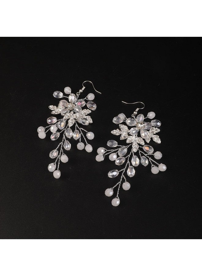 BERYUAN Crystal Flower Earings For Women Beads Wedding Earrings For Brides Bridal Bridesmaids Earrings Prom Earrings Accessories Esthetics (Silver) - Image 3