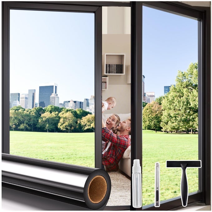 ONE WAY PRIVACY WINDOW FILM REFLECTIVE MIRROR WINDOW TINT FOR HOME DAYTIME HEAT UV BLOCKING SECURITY CLINGS SEE OUT NOT IN OFFICE COVERINGS WITH 3 TOOLS 175X787IN