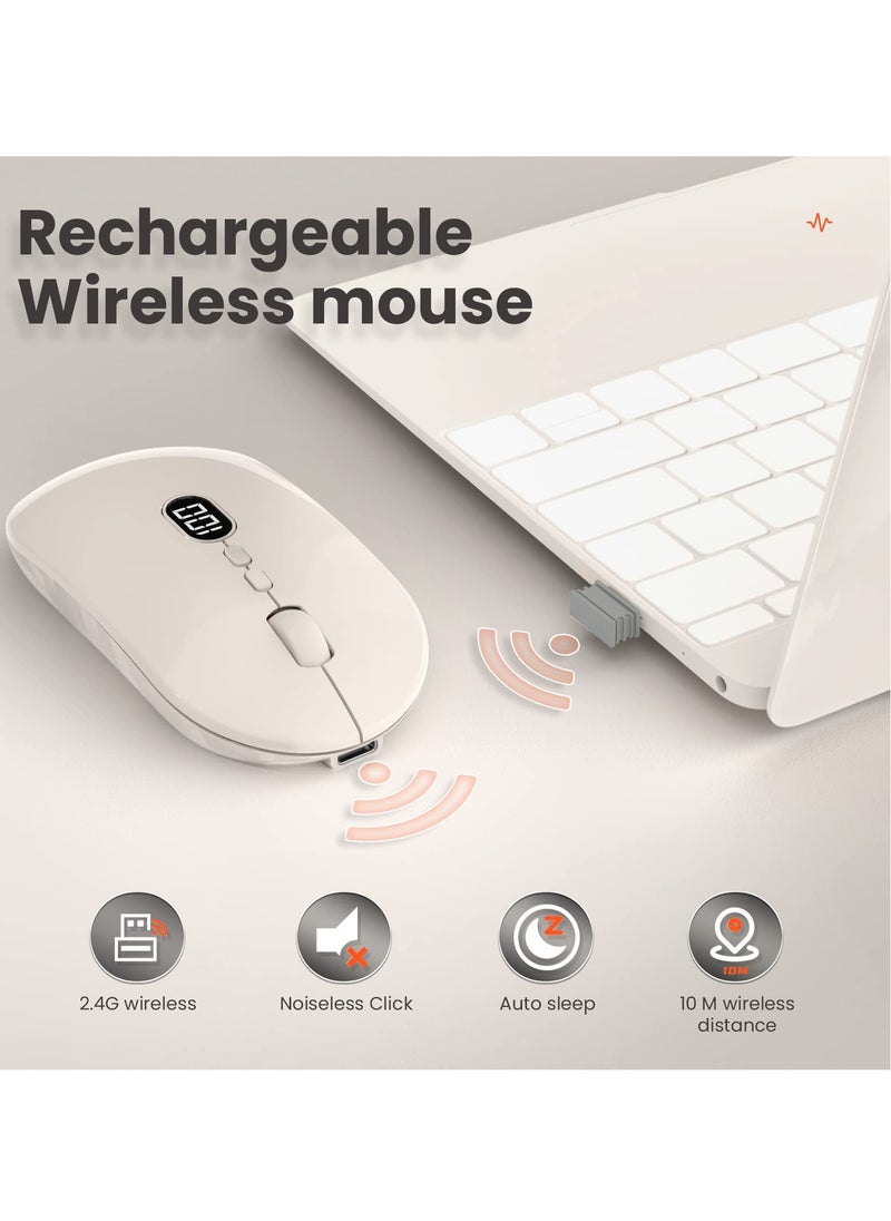 Excefore - Wireless Lightweight Mouse, Slim Portable Wireless Mice with Battery Display Screen 2.4G, Rechargeable Silent Wireless Gaming Mouse,  Click Computer Mouse Up to 1600 DPI For PC Mac, Milk Tea White - Image 1
