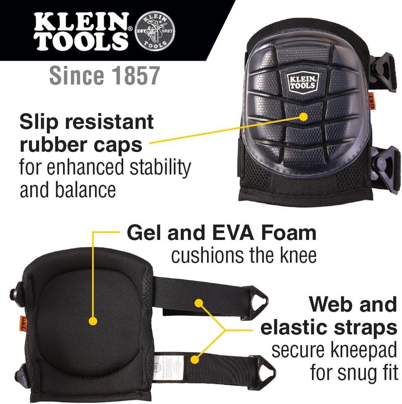 Klein Tools 60184 Knee Pads, Lightweight Gel Knee Pads with Slip Resistant Rubber Caps and Adjustable Straps, Great for Construction, Black - Image 2
