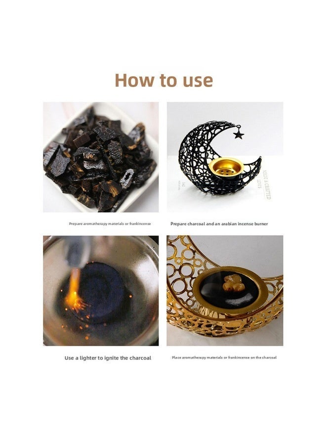 Metal Incense Burner, Crescent Moon & Star Design, Tabletop Aromatherapy for Festivals, Black & Gold - Image 2