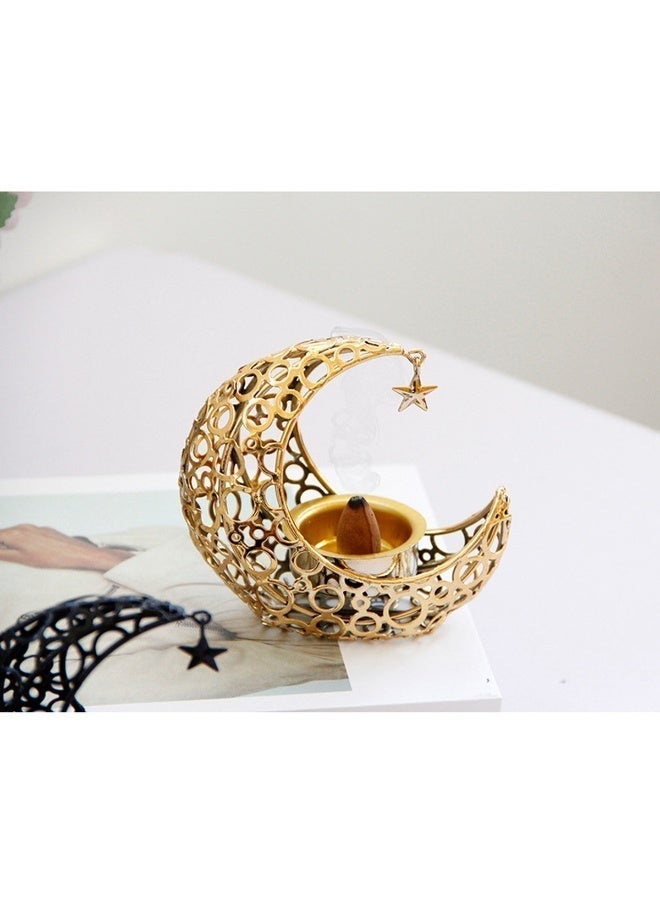 Metal Incense Burner, Crescent Moon & Star Design, Tabletop Aromatherapy for Festivals, Black & Gold - Image 3