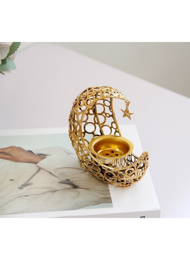 Metal Incense Burner, Crescent Moon & Star Design, Tabletop Aromatherapy for Festivals, Black & Gold - Image 4