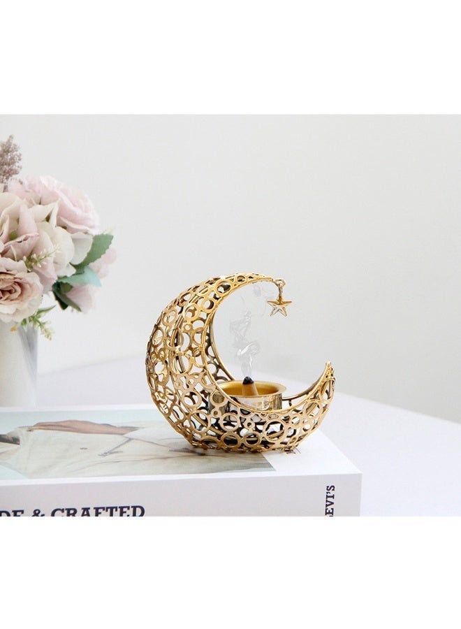 Metal Incense Burner, Crescent Moon & Star Design, Tabletop Aromatherapy for Festivals, Black & Gold - Image 5