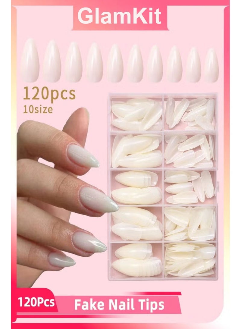 GlamKit 120 Pcs Fake Nail Tips, Almond Shape Press On Nails, Stick On ABS Full Cover Nails for Women, For Daily Party Wedding Use (Milky White) - Image 1