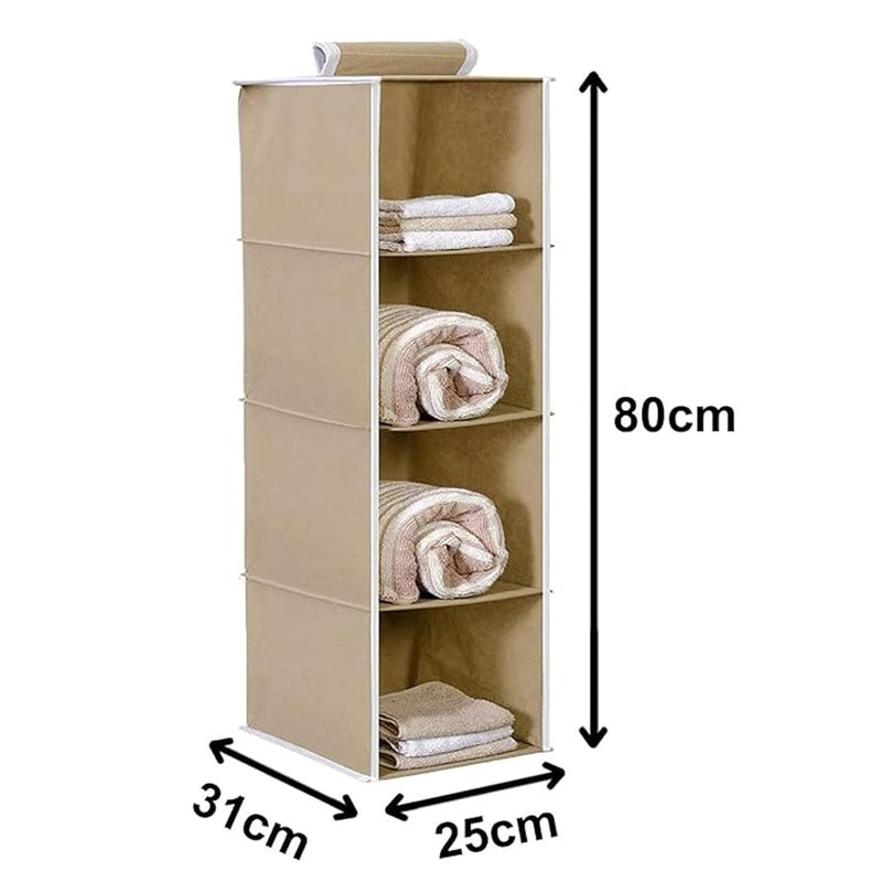 Kuber Industries Kuber Industries Pack of 2 Shoe Stoarge Rack 4 Shelf Closet Hanging Organizer Foldable Wardrobe Storage For Cloth Toys Dress Shelf For Clothes with Velcro Plain Light Brown  - Image 3