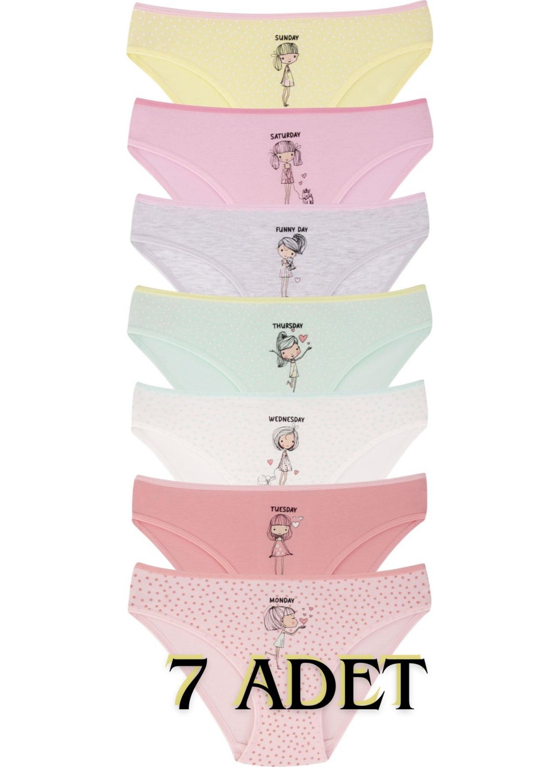 EQru Girls 7 Piece Bikini Panties Days of the Week Written Girl Figure Mixed Color 7 Pieces  - Image 1