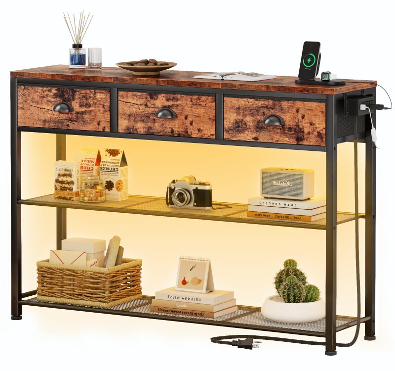 Furologee طاولة كونسل فوروغلي مع محطة شحن 3 أدراج قماشية 38 طاولة مدخل مع رفوف تخزين وضوء LED للمدخل رف عرض صناعي للردهة بلون بني ريفي