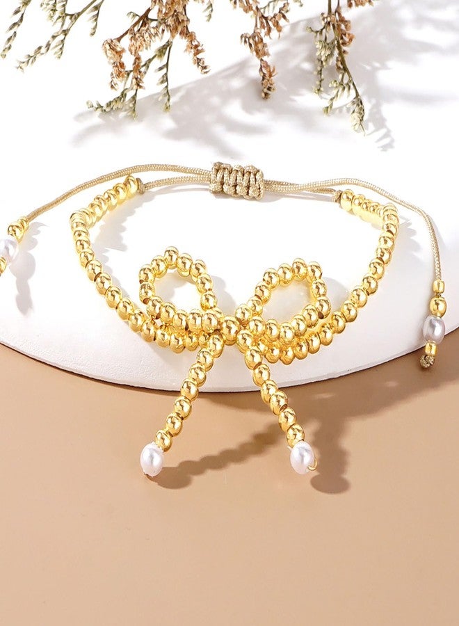 GLMOCM Gold Bow Bracelet for Women Beaded Bow Bracelets Pearl Bow Stretch Bracelets Gold Bead Stackable Bracelet Fashion Jewelry for Women (Gold Pearl B) - Image 5