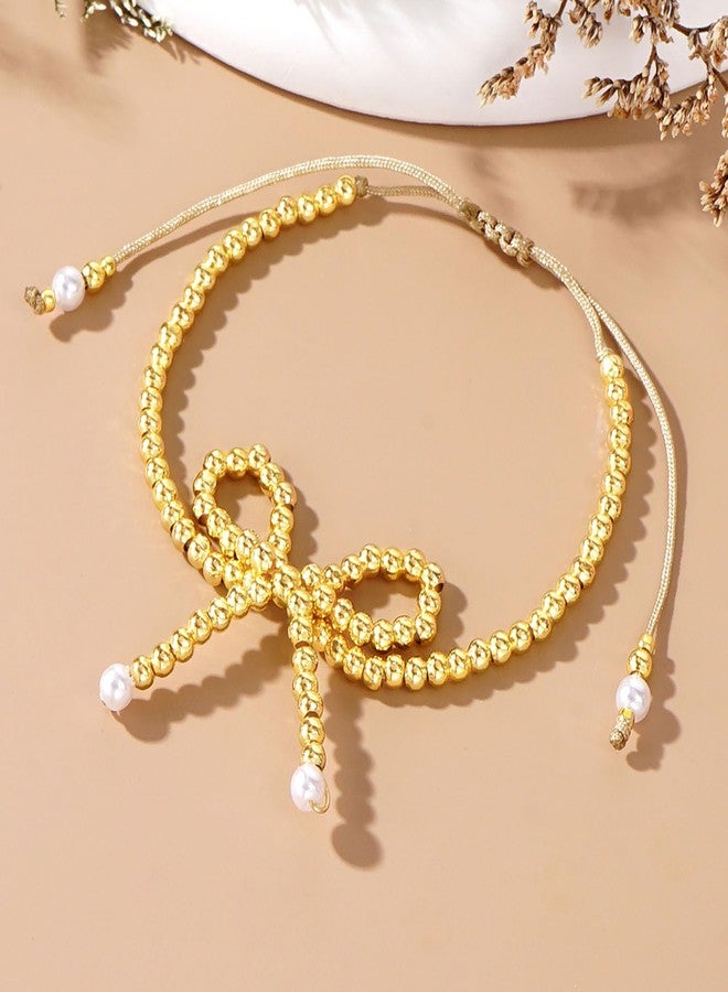 GLMOCM Gold Bow Bracelet for Women Beaded Bow Bracelets Pearl Bow Stretch Bracelets Gold Bead Stackable Bracelet Fashion Jewelry for Women (Gold Pearl B) - Image 3