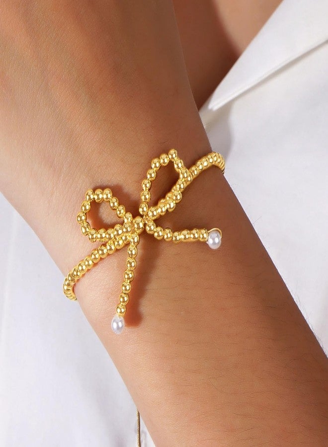 GLMOCM Gold Bow Bracelet for Women Beaded Bow Bracelets Pearl Bow Stretch Bracelets Gold Bead Stackable Bracelet Fashion Jewelry for Women (Gold Pearl B) - Image 2