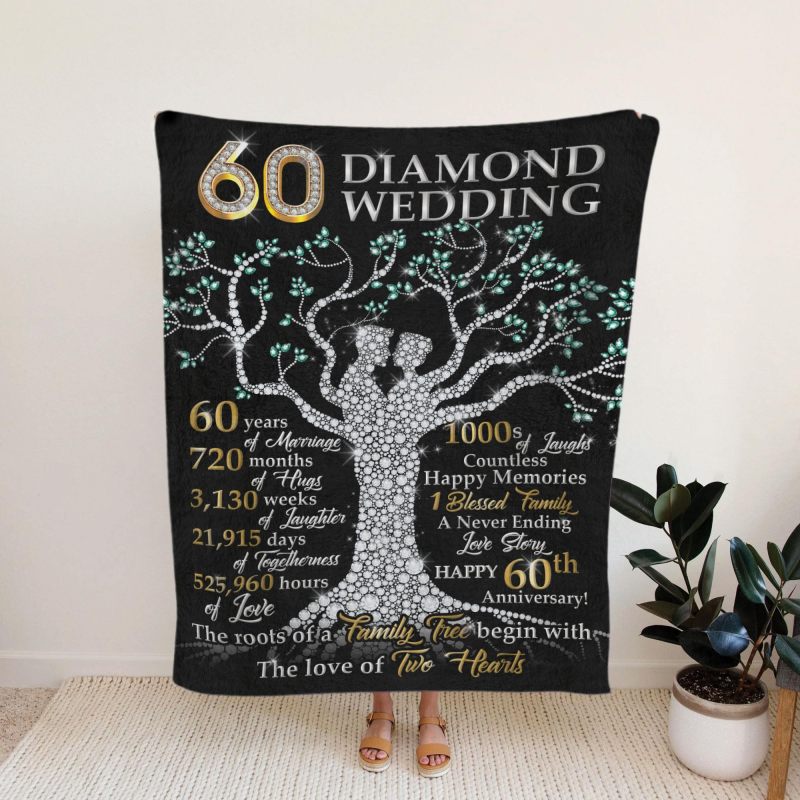 بطانية الذكرى الستين مقاس 50×60 بوصة - هدية زفاف ماسية مخصصة - بطانية فلانيل ناعمة وخفيفة الوزن للأزواج - Image 4