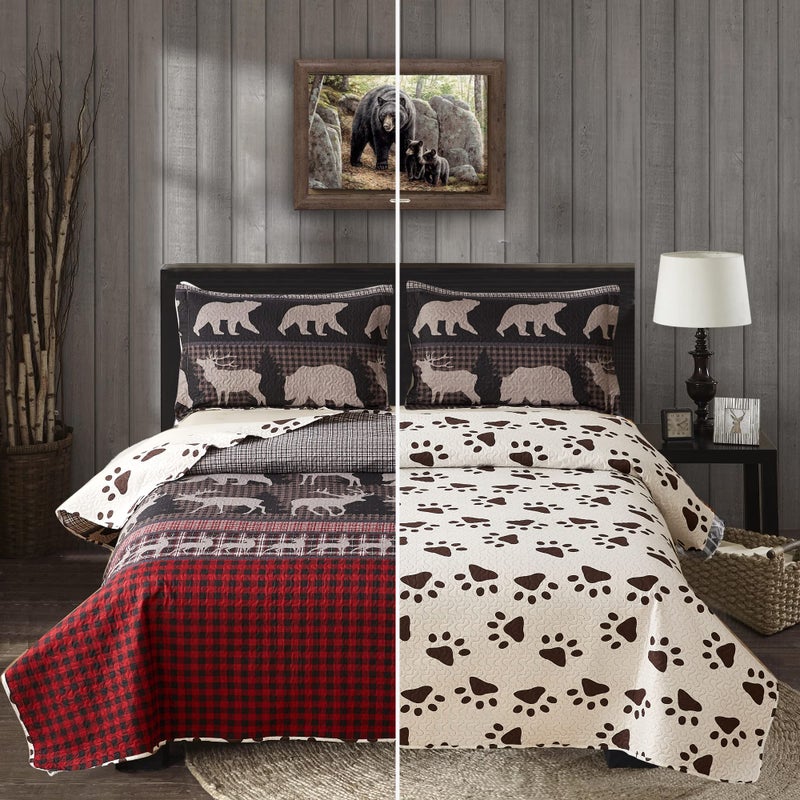 JessyHome Twin Size Quilt Set Lodge Rustic Quilt Bedding Set Twin Size Bedspread Coverlet Lightweight Reversible Home Quilt Red Black Buffalo Plaid Quilt Bed Spread Country Cabin Forest Moose Bear Bedding - Image 5