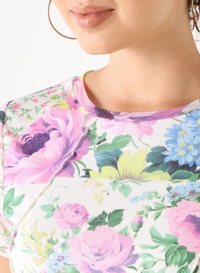 سبلاش فيڤ تيشيرت بطبعة زهور مع تفاصيل مكشكشة - Image 4
