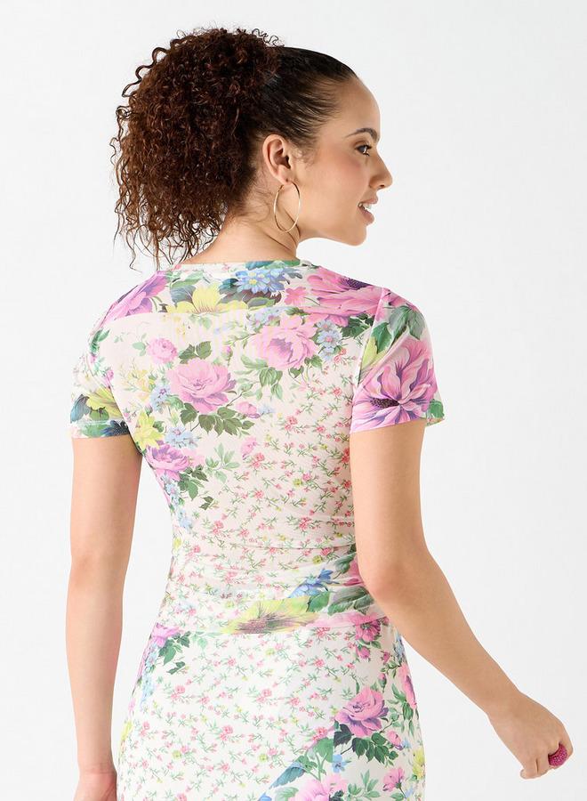 سبلاش فيڤ تيشيرت بطبعة زهور مع تفاصيل مكشكشة - Image 3