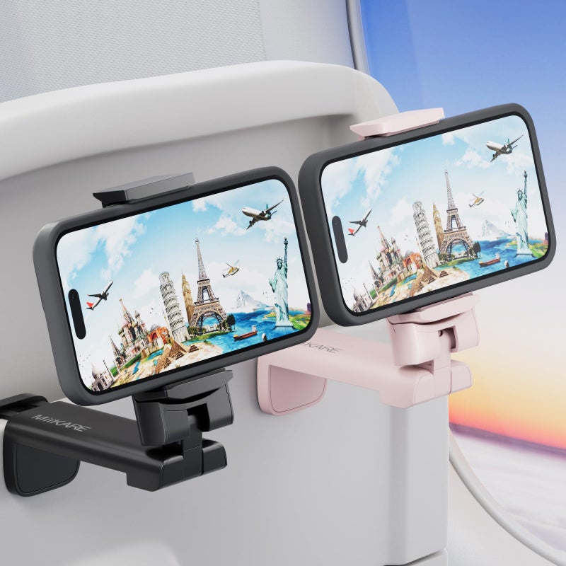 MiiKARE Travel Essentials Airplane Phone Holder, Universal Handsfree Phone Mount for Flying with 360 Degree Rotation, Travel Must Haves Phone Stand for Desk, Tray Table, Black&Pink - Image 1