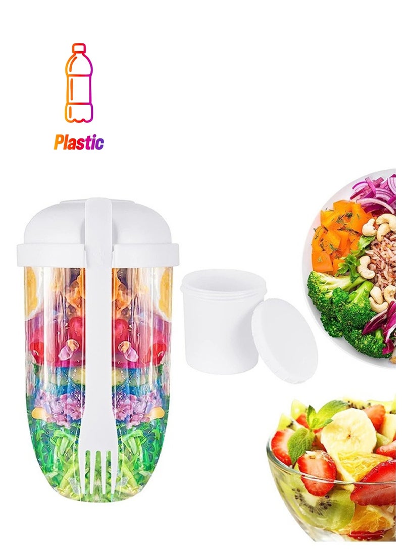 Salad Meal Shaker Cup, Portable Keep Fit PP Plastic Salad Cup with Fork and Dressing Holder, Fresh Vegetable Salad Container Holder (White)  - Image 1