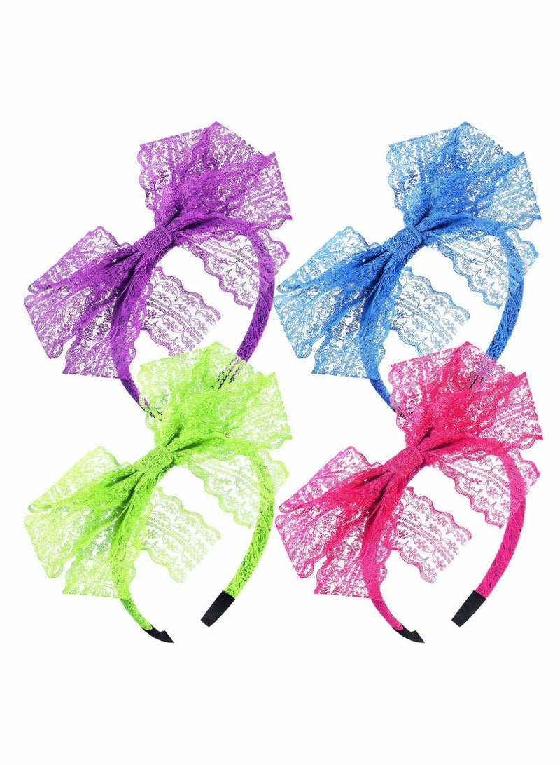 Excefore 4 Pcs Theme Party Costume Accessories, No Headache Neon Lace Bow Headbands, Ideal for Retro Parties an Dress-Up - Image 1